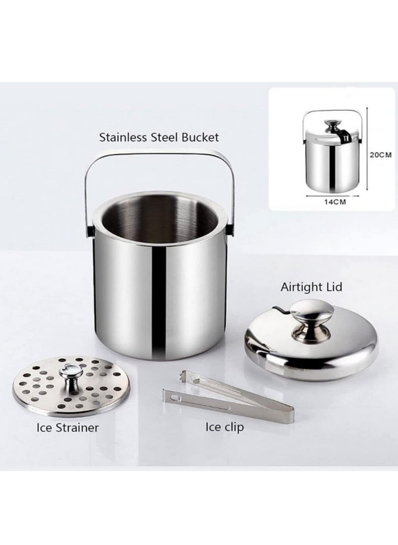 1pcs 1.3 Liter Stainless Steel Ice Cube Container Ice Bucket Ice Cube Container Double Walled With Lid and Ice Tongs Included Strainer for Chilling Beer Champagne and Wine