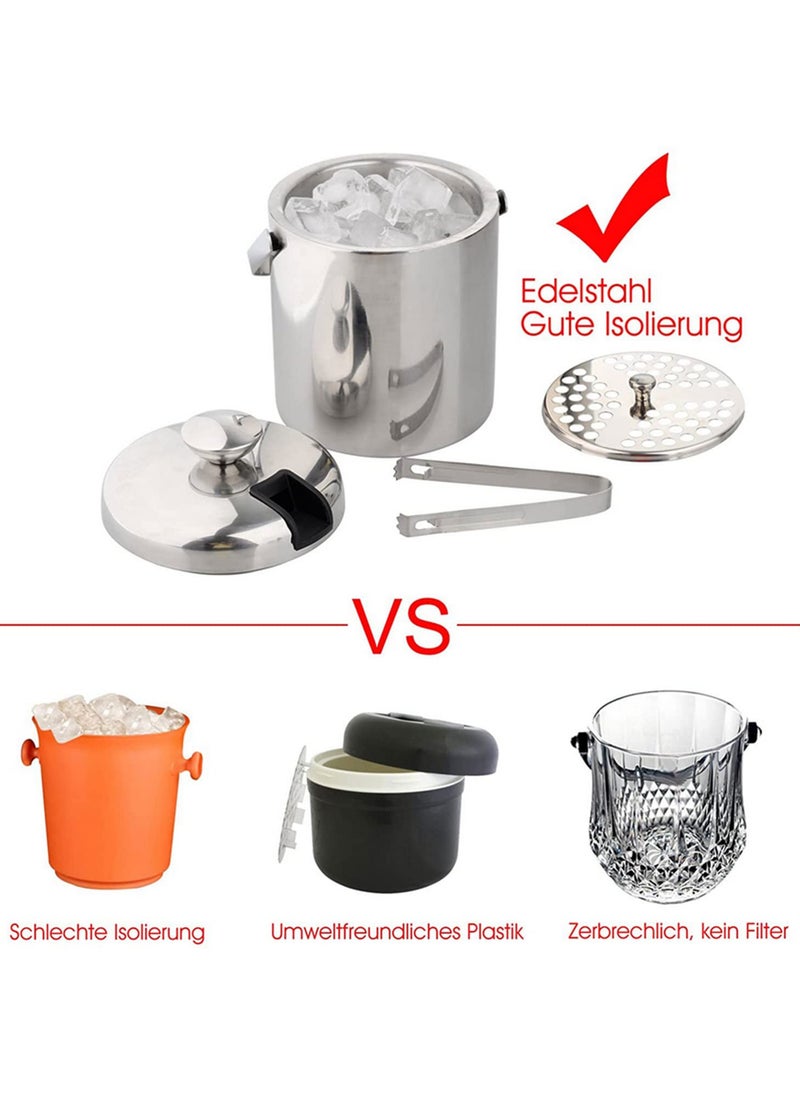 1pcs 1.3 Liter Stainless Steel Ice Cube Container Ice Bucket Ice Cube Container Double Walled With Lid and Ice Tongs Included Strainer for Chilling Beer Champagne and Wine