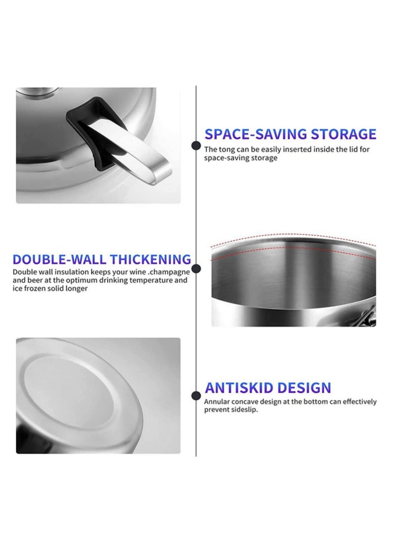 1pcs 1.3 Liter Stainless Steel Ice Cube Container Ice Bucket Ice Cube Container Double Walled With Lid and Ice Tongs Included Strainer for Chilling Beer Champagne and Wine
