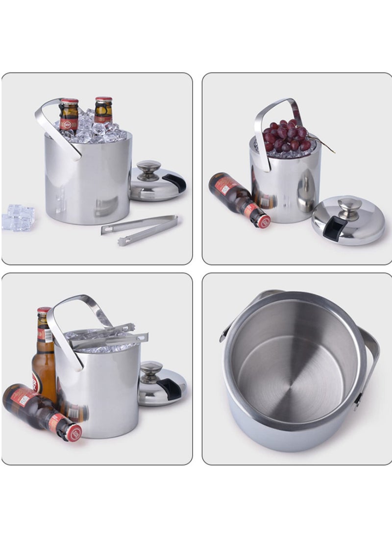 1pcs 1.3 Liter Stainless Steel Ice Cube Container Ice Bucket Ice Cube Container Double Walled With Lid and Ice Tongs Included Strainer for Chilling Beer Champagne and Wine