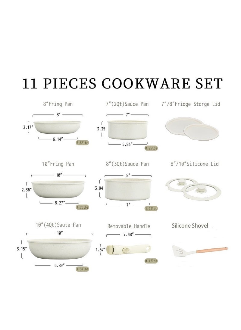 11pcs ceremic aluminum nonstick cookware set fry pan detachable handle glass lid silicone pans pots