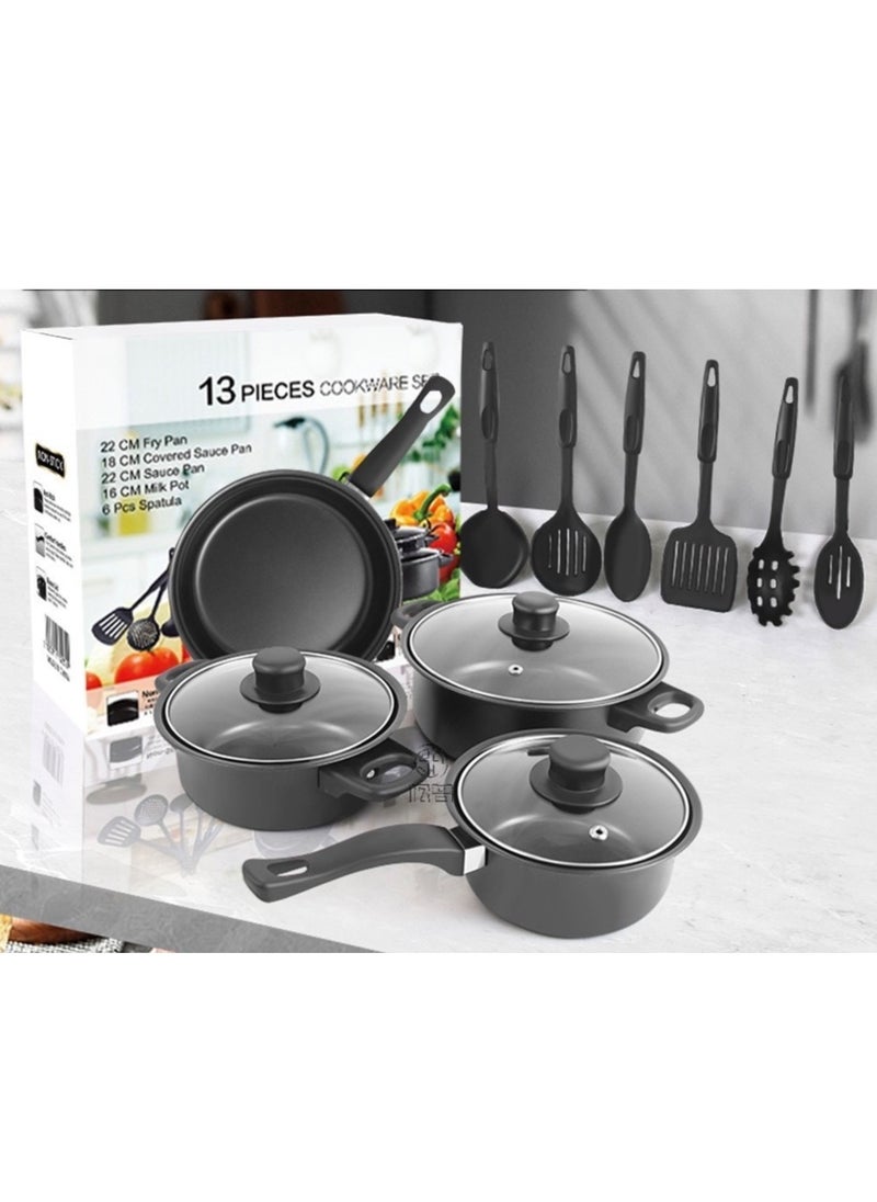 13 pcs nonstick kitchen cookware set soup pan stew pan frying pan Korean style metal pots minimalist design sustainable metal glass lid olive cookware set