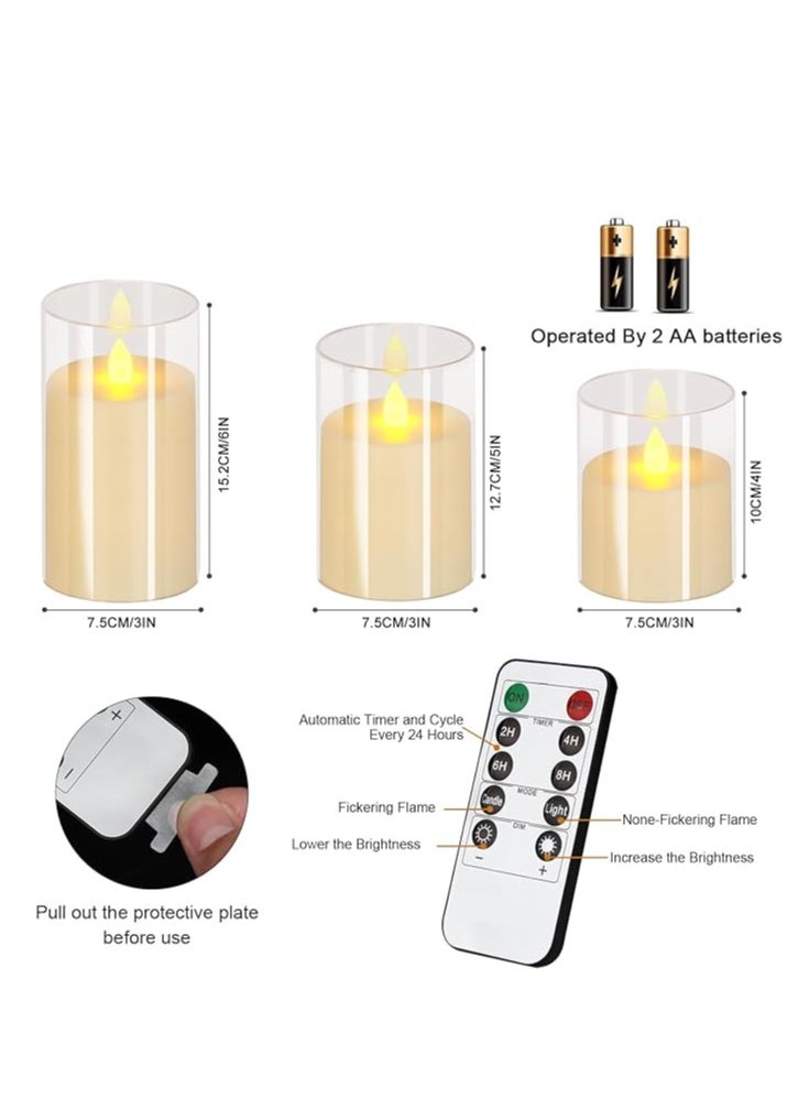 Flameless Candles 10cm 12.5cm 15cm Set of 3 Acrylic Glass Pillars 7.8cm Diameter Battery Operated Flickering Candles Include Remote with Timer for Home Decor Wedding Festival Cafe Restaurant Decor