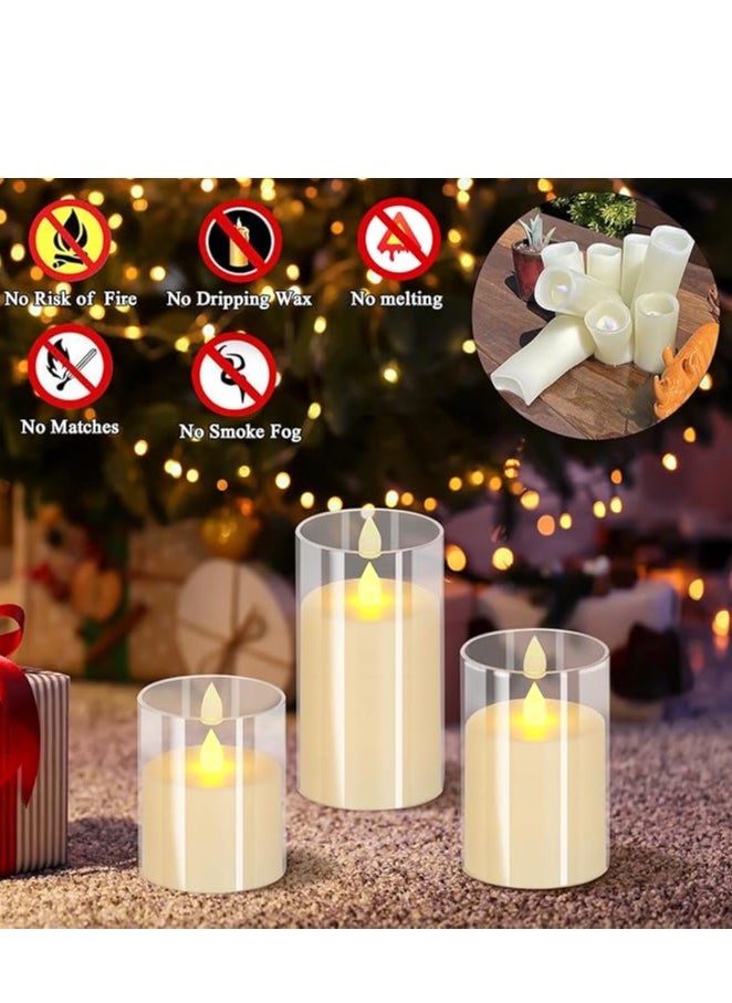 Flameless Candles 10cm 12.5cm 15cm Set of 3 Acrylic Glass Pillars 7.8cm Diameter Battery Operated Flickering Candles Include Remote with Timer for Home Decor Wedding Festival Cafe Restaurant Decor