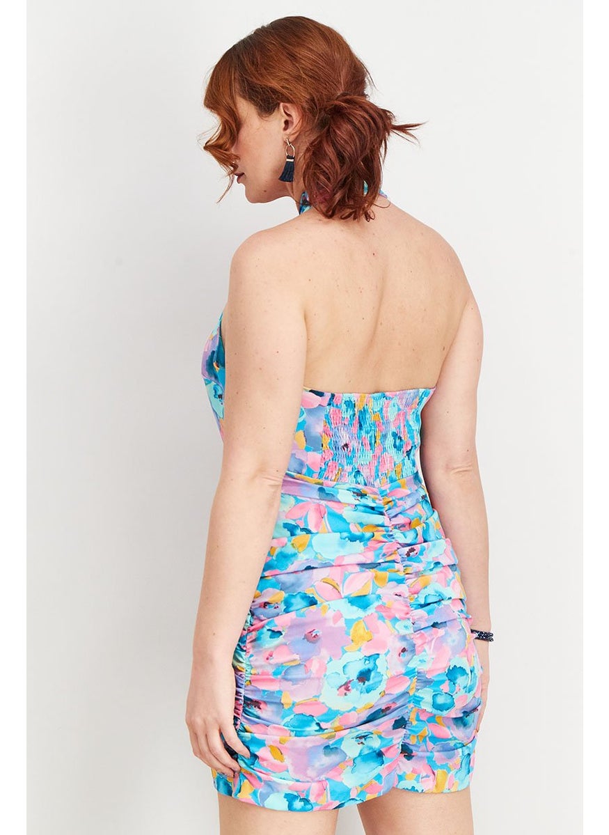 Women Halter Neckline All Over Print Ruffle Bodycon Dress, Turquoise Combo