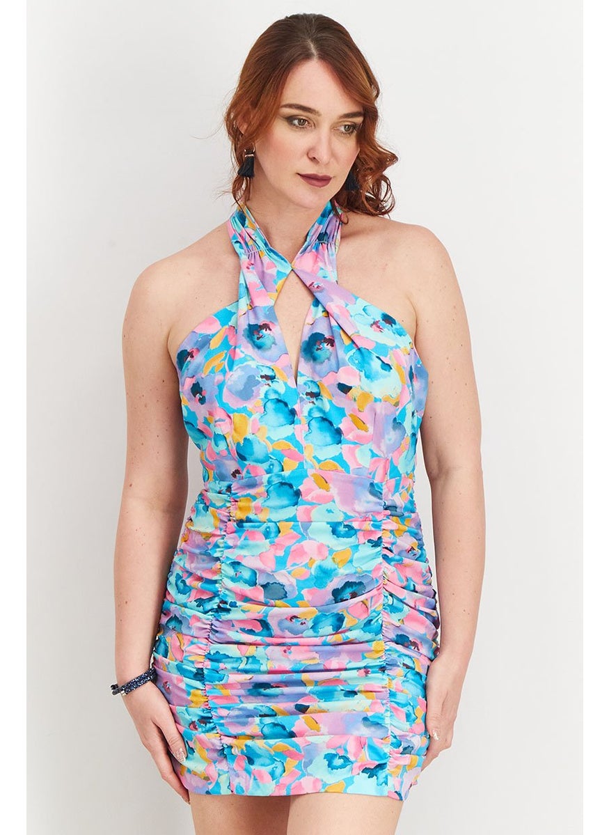 Women Halter Neckline All Over Print Ruffle Bodycon Dress, Turquoise Combo