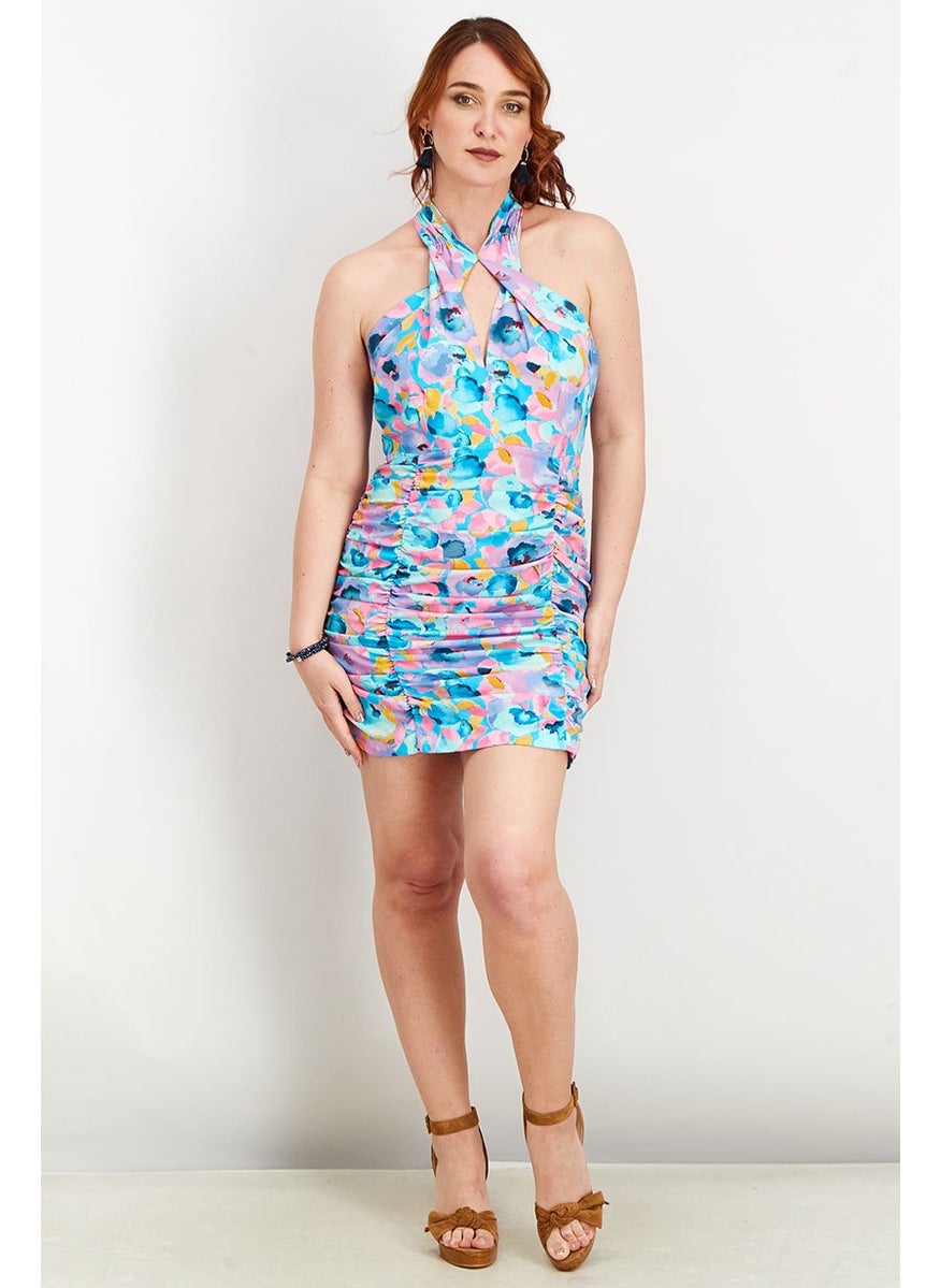 Women Halter Neckline All Over Print Ruffle Bodycon Dress, Turquoise Combo