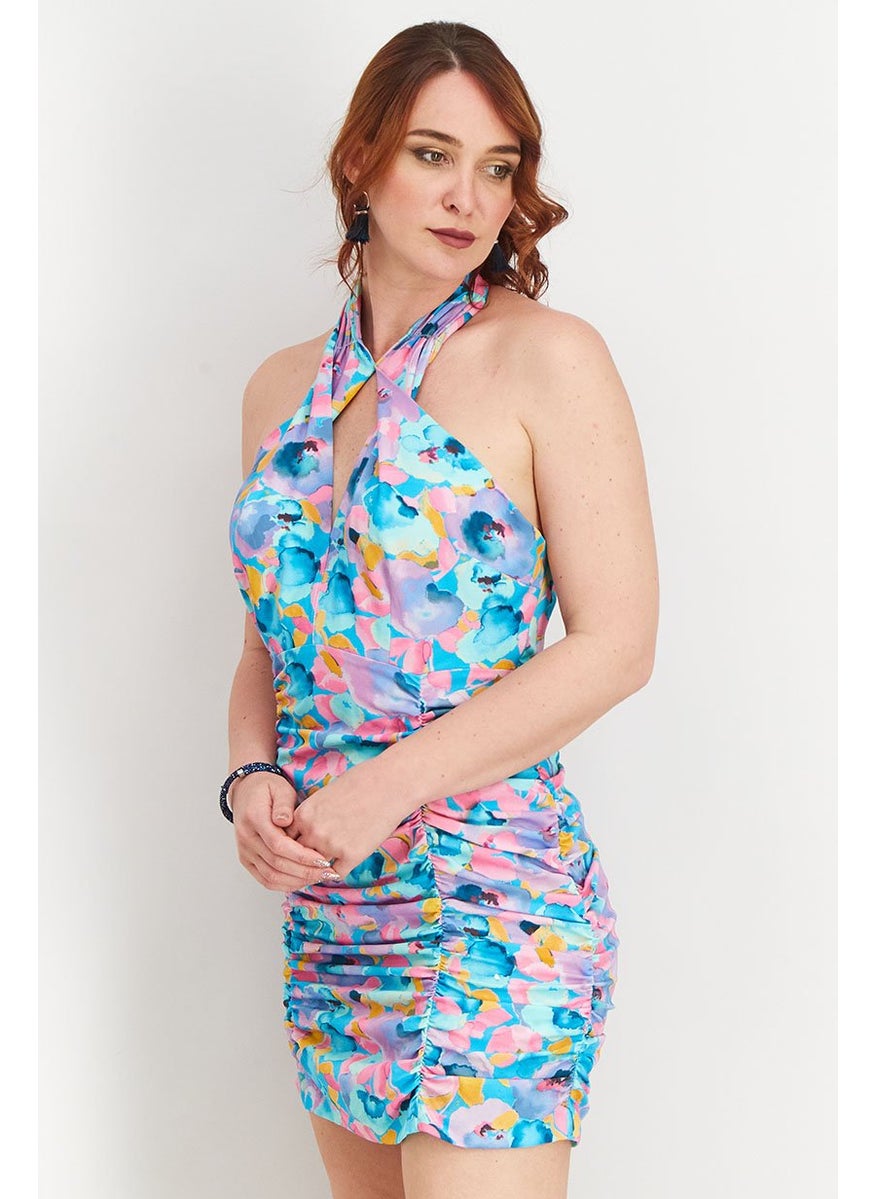 Women Halter Neckline All Over Print Ruffle Bodycon Dress, Turquoise Combo