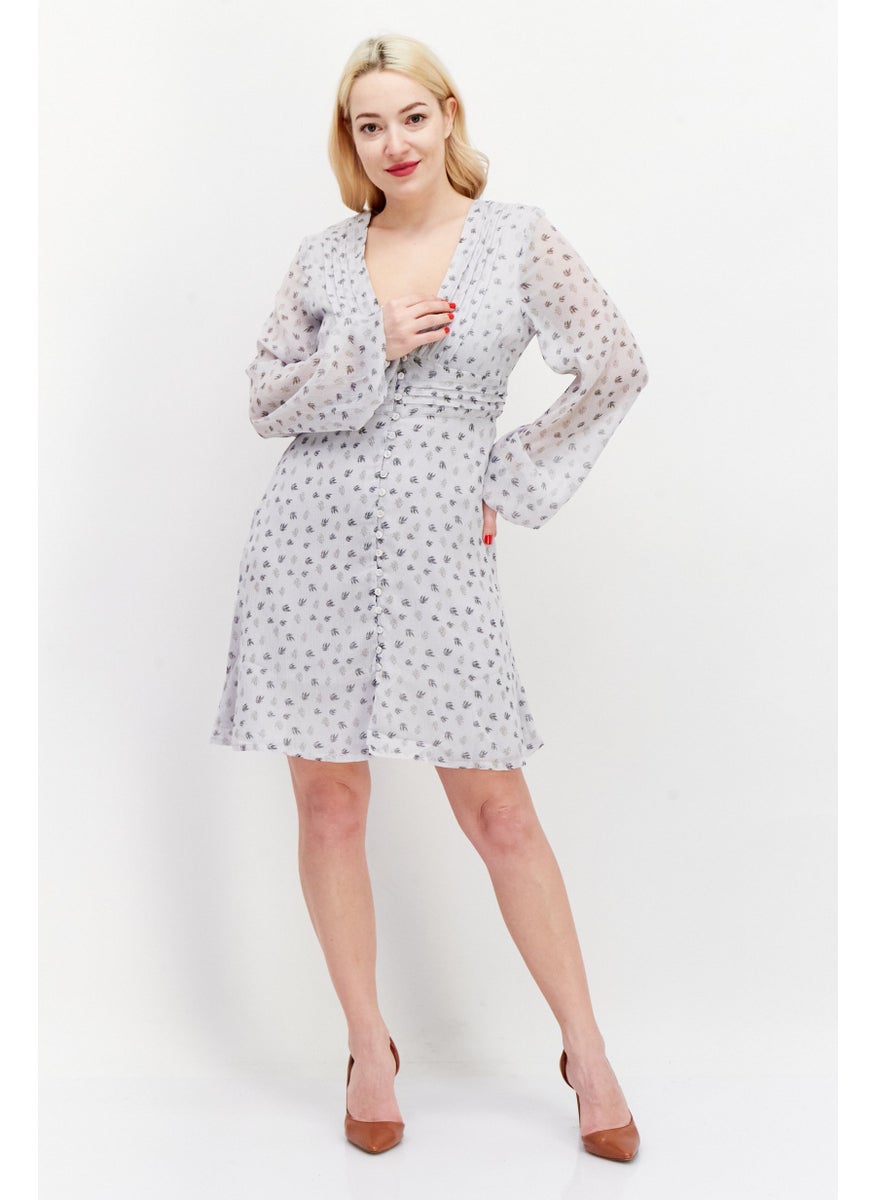 Women Allover Print Mini Dress, Light Grey Combo