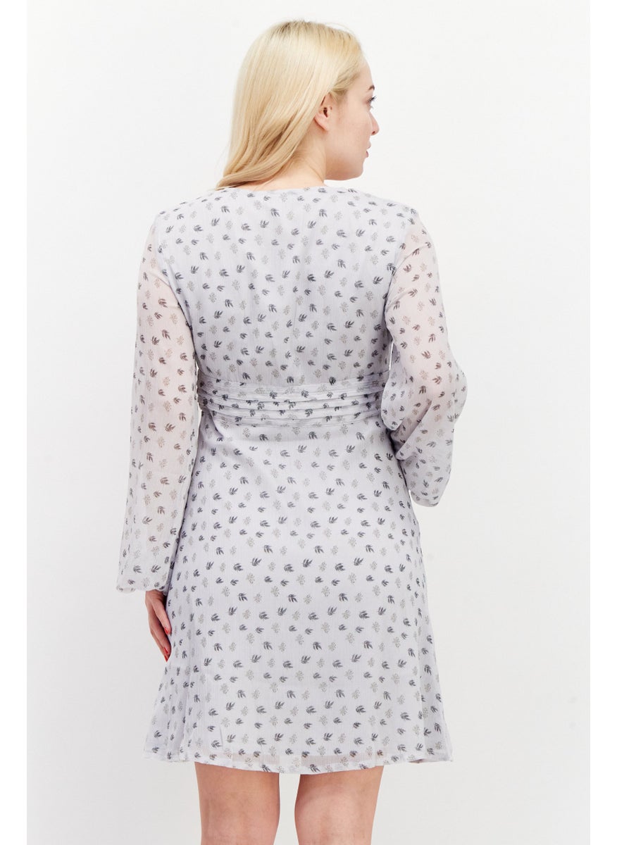 Women Allover Print Mini Dress, Light Grey Combo