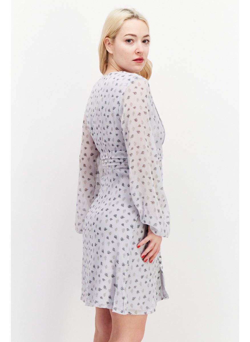 Women Allover Print Mini Dress, Light Grey Combo