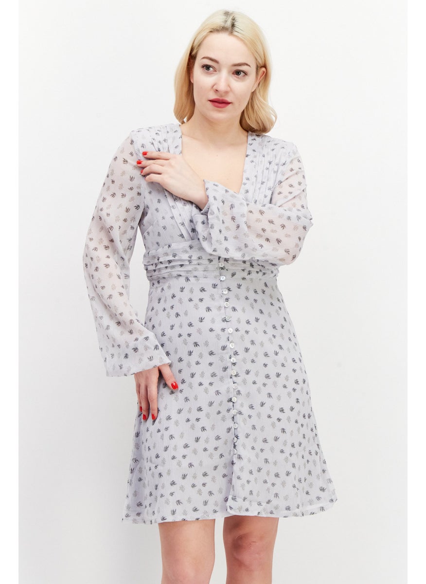 Women Allover Print Mini Dress, Light Grey Combo