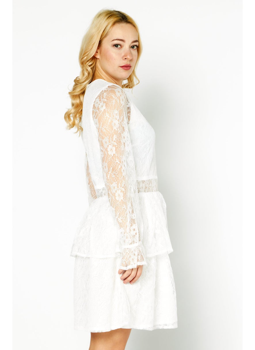 Women Round Neck Long Sleeves Textured Mini Party Dress, White