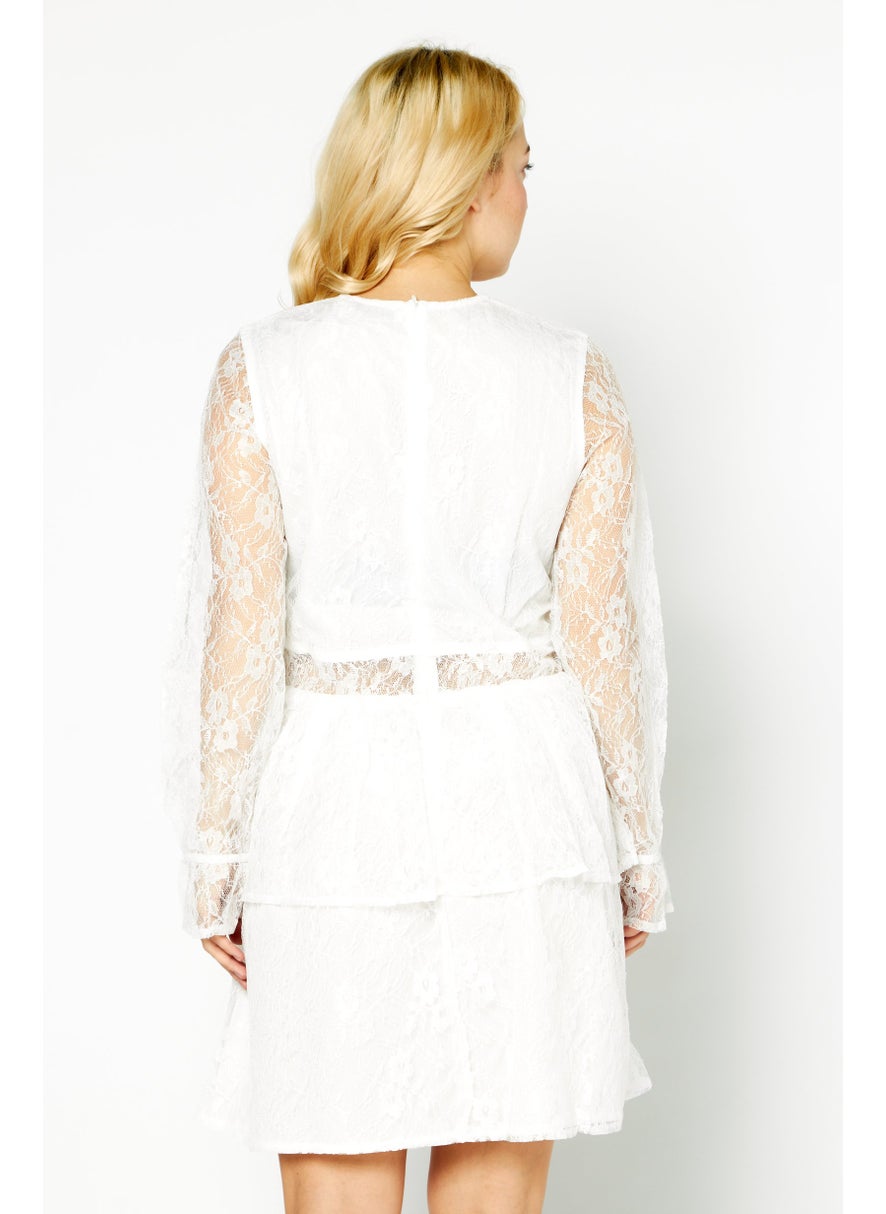 Women Round Neck Long Sleeves Textured Mini Party Dress, White