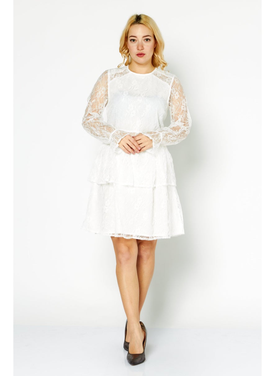 Women Round Neck Long Sleeves Textured Mini Party Dress, White