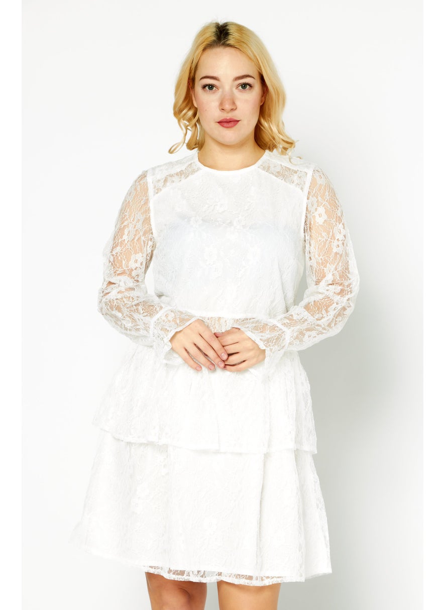 Women Round Neck Long Sleeves Textured Mini Party Dress, White