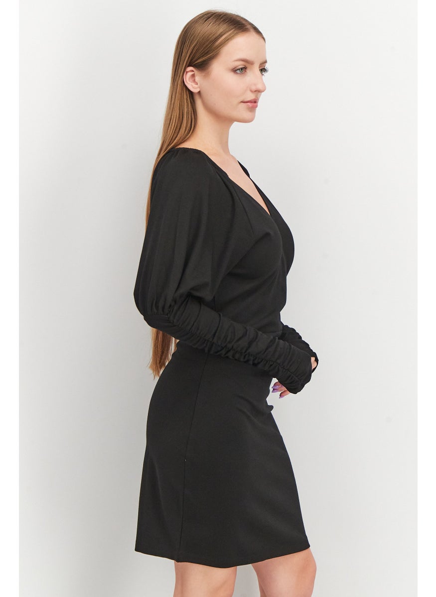 Women Wrap Jersey Voluminous Sleeve Casual Mini Dress, Black