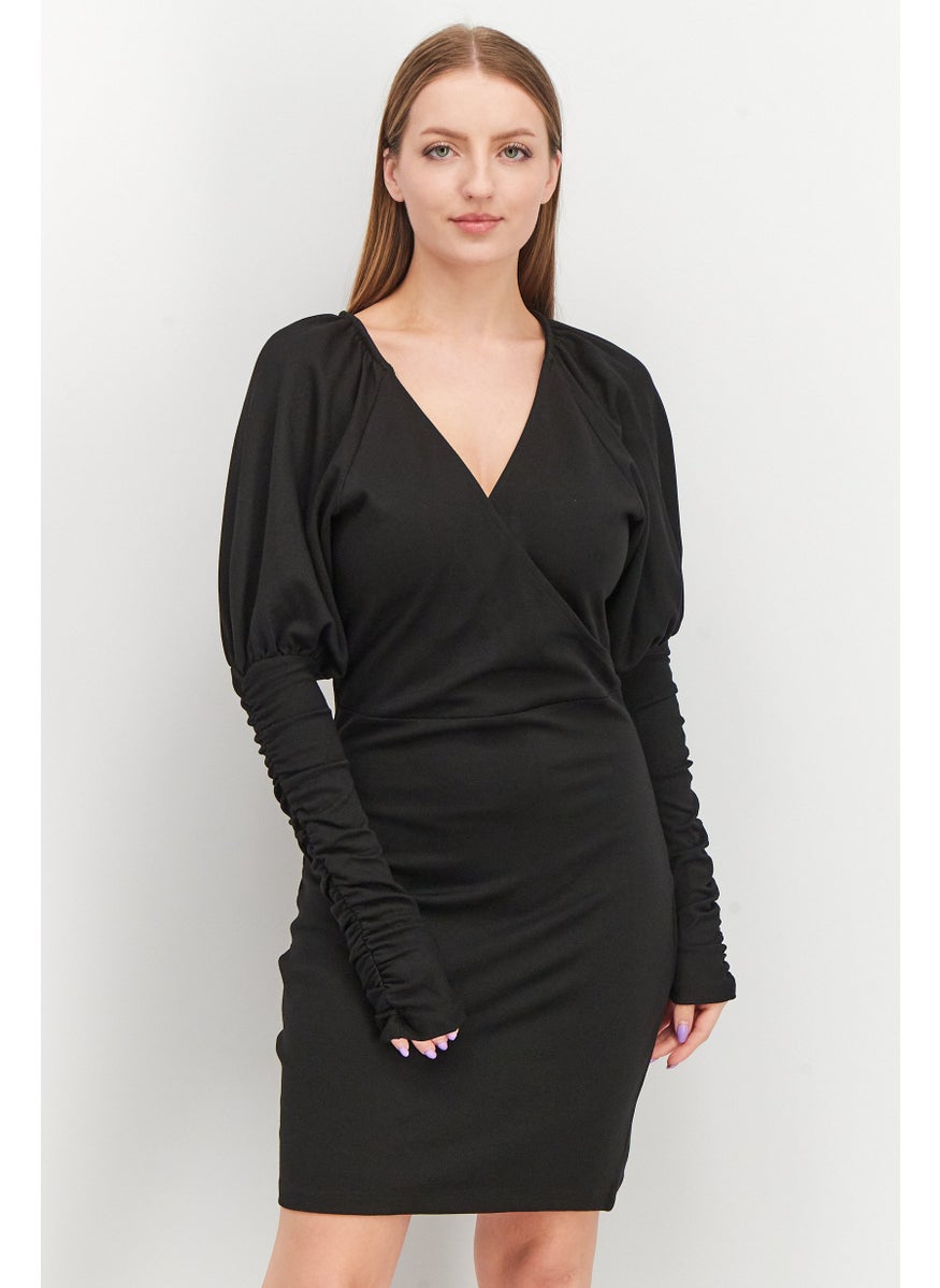 Women Wrap Jersey Voluminous Sleeve Casual Mini Dress, Black