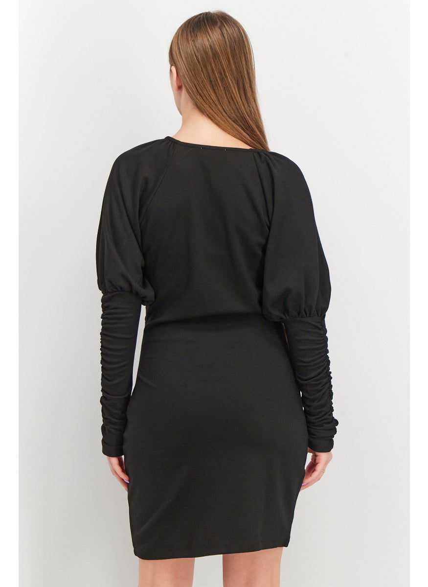 Women Wrap Jersey Voluminous Sleeve Casual Mini Dress, Black