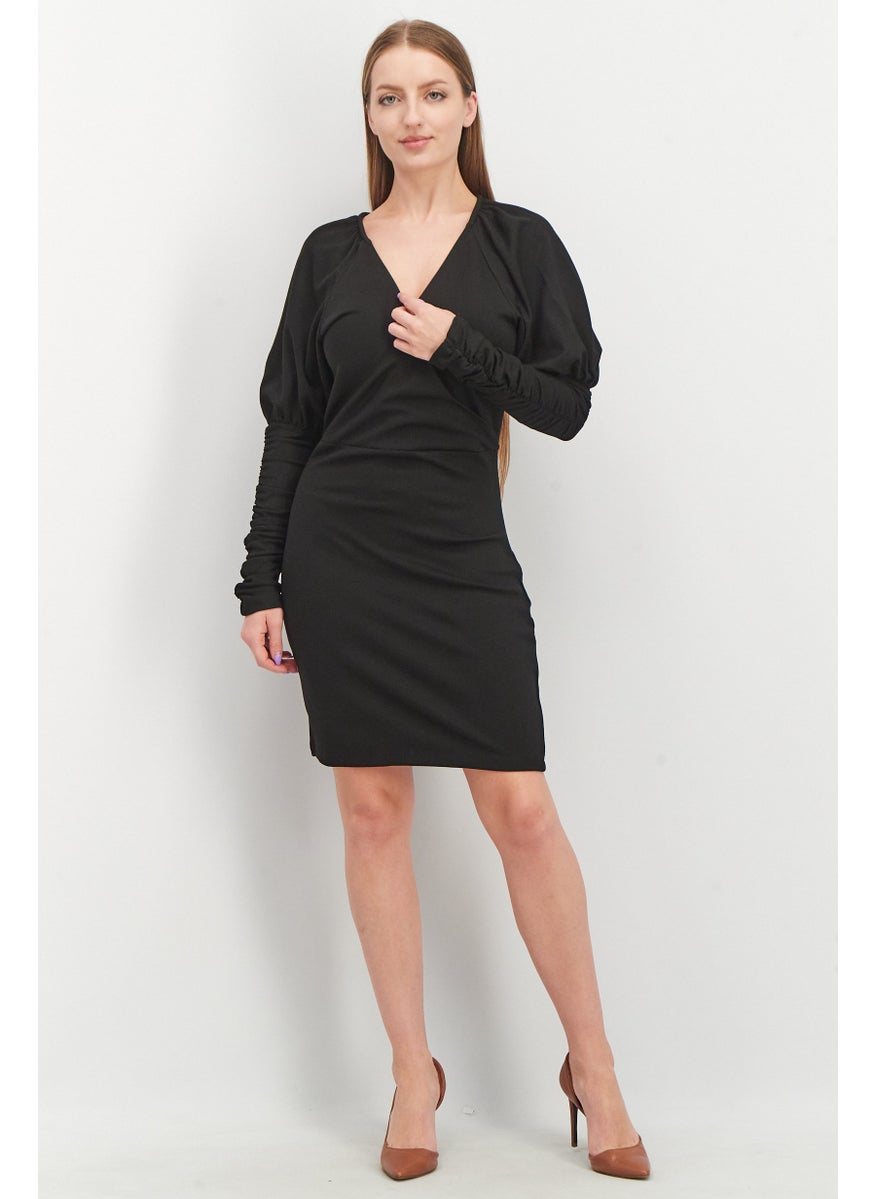 Women Wrap Jersey Voluminous Sleeve Casual Mini Dress, Black