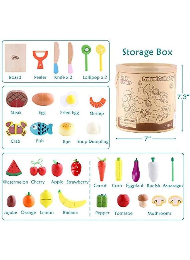 Wooden Pretend Play Food, Cutting Cooking Set W/Chopping Board, Kitchen Vegetables Fruit Magnetic Toy, Early Learning Educational Gifts for 3, 4, 5, 6 Year Old Kids, Toddler, Boy, Girl