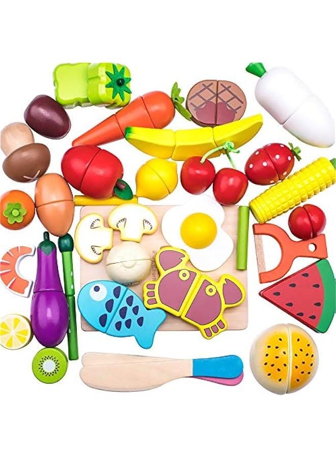 Wooden Pretend Play Food, Cutting Cooking Set W/Chopping Board, Kitchen Vegetables Fruit Magnetic Toy, Early Learning Educational Gifts for 3, 4, 5, 6 Year Old Kids, Toddler, Boy, Girl