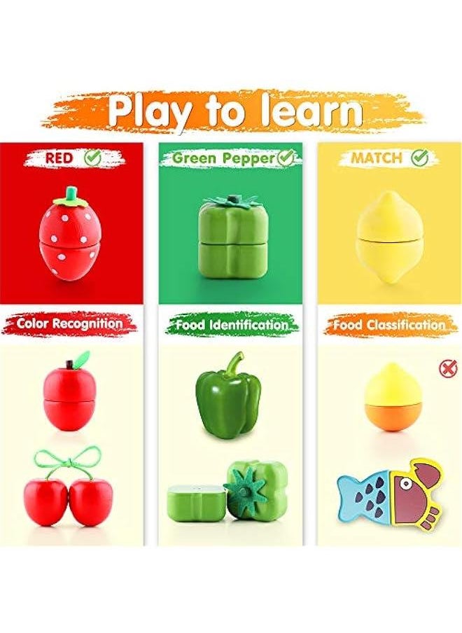 Wooden Pretend Play Food, Cutting Cooking Set W/Chopping Board, Kitchen Vegetables Fruit Magnetic Toy, Early Learning Educational Gifts for 3, 4, 5, 6 Year Old Kids, Toddler, Boy, Girl