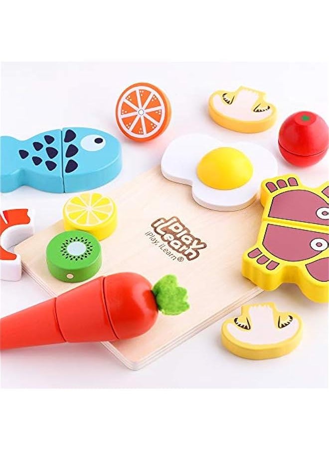 Wooden Pretend Play Food, Cutting Cooking Set W/Chopping Board, Kitchen Vegetables Fruit Magnetic Toy, Early Learning Educational Gifts for 3, 4, 5, 6 Year Old Kids, Toddler, Boy, Girl