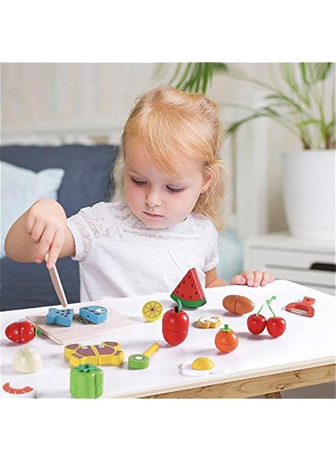 Wooden Pretend Play Food, Cutting Cooking Set W/Chopping Board, Kitchen Vegetables Fruit Magnetic Toy, Early Learning Educational Gifts for 3, 4, 5, 6 Year Old Kids, Toddler, Boy, Girl