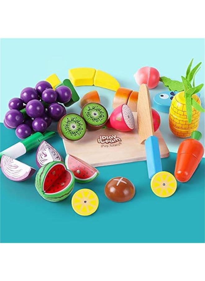 Wooden Play Food Toy, Kids Wood Cutting Magnetic Fruit Vegetables, Toddler Cooking Pretend Play Kitchen Food Set, Montessori Educational Birthday Gift for Age 3 4 5 6 7 Year Old Girl Boy