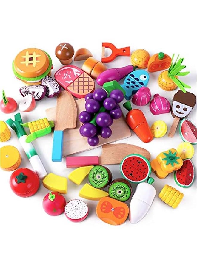 Wooden Play Food Toy, Kids Wood Cutting Magnetic Fruit Vegetables, Toddler Cooking Pretend Play Kitchen Food Set, Montessori Educational Birthday Gift for Age 3 4 5 6 7 Year Old Girl Boy