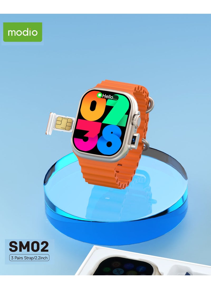 Modio SM02 4G 2.2 Inch Display Smartwatch With Built in Camera Sim card Slot and 3 Interchangeable Straps Designed for Ladies and Gents Silver
