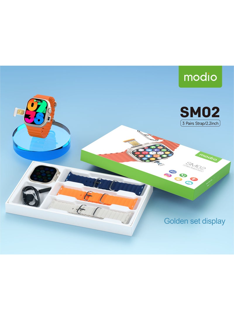 Modio SM02 4G 2.2 Inch Display Smartwatch With Built in Camera Sim card Slot and 3 Interchangeable Straps Designed for Ladies and Gents Silver