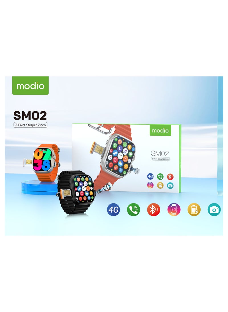 Modio SM02 4G 2.2 Inch Display Smartwatch With Built in Camera Sim card Slot and 3 Interchangeable Straps Designed for Ladies and Gents Silver