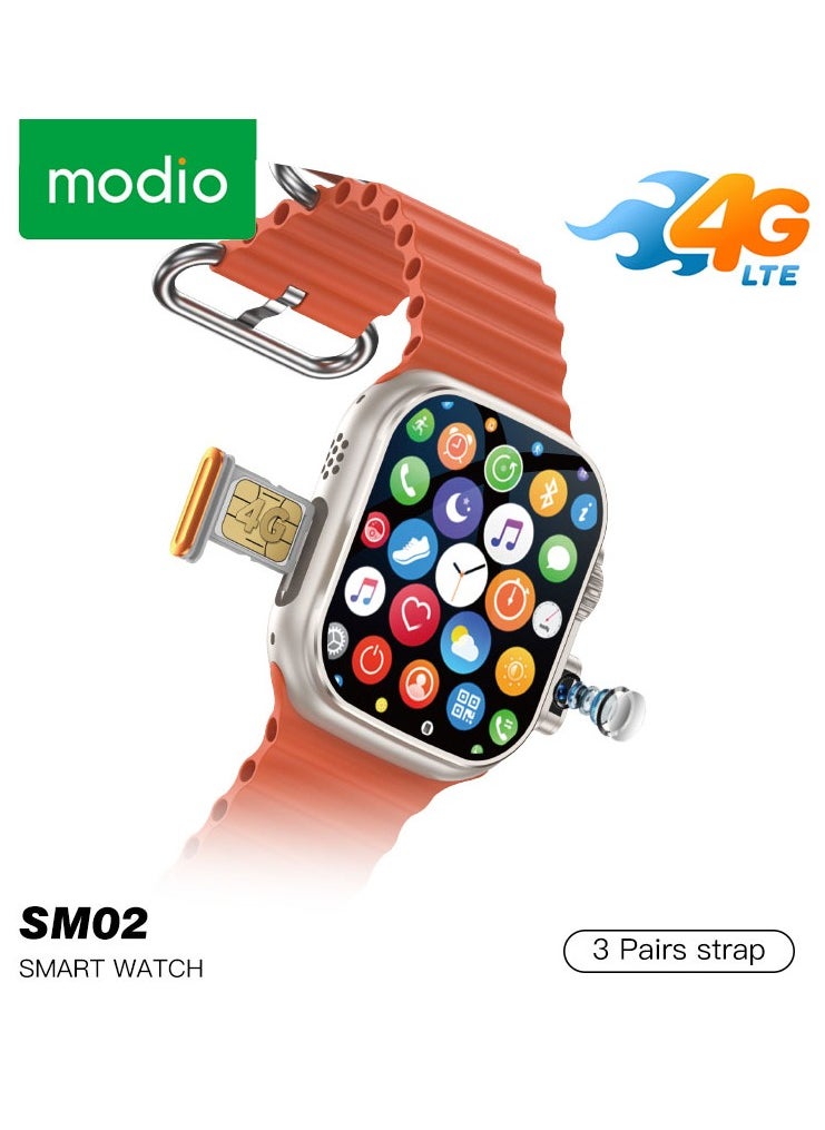 Modio SM02 4G 2.2 Inch Display Smartwatch With Built in Camera Sim card Slot and 3 Interchangeable Straps Designed for Ladies and Gents Silver