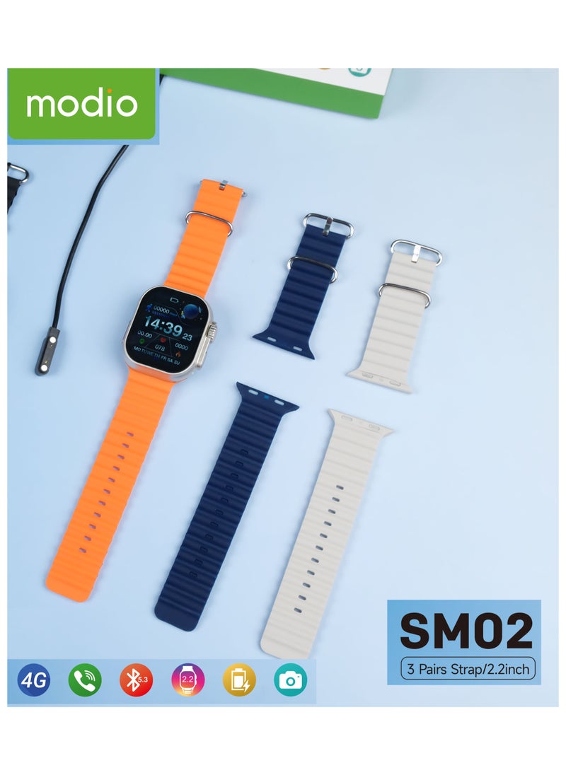 Modio SM02 4G 2.2 Inch Display Smartwatch With Built in Camera Sim card Slot and 3 Interchangeable Straps Designed for Ladies and Gents Silver