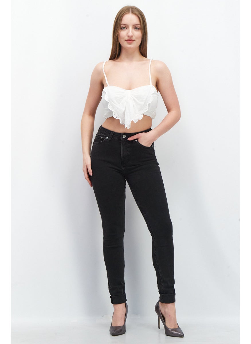 Women Slim Fit Washed Stretchable High Rise Denim Jeans, Black