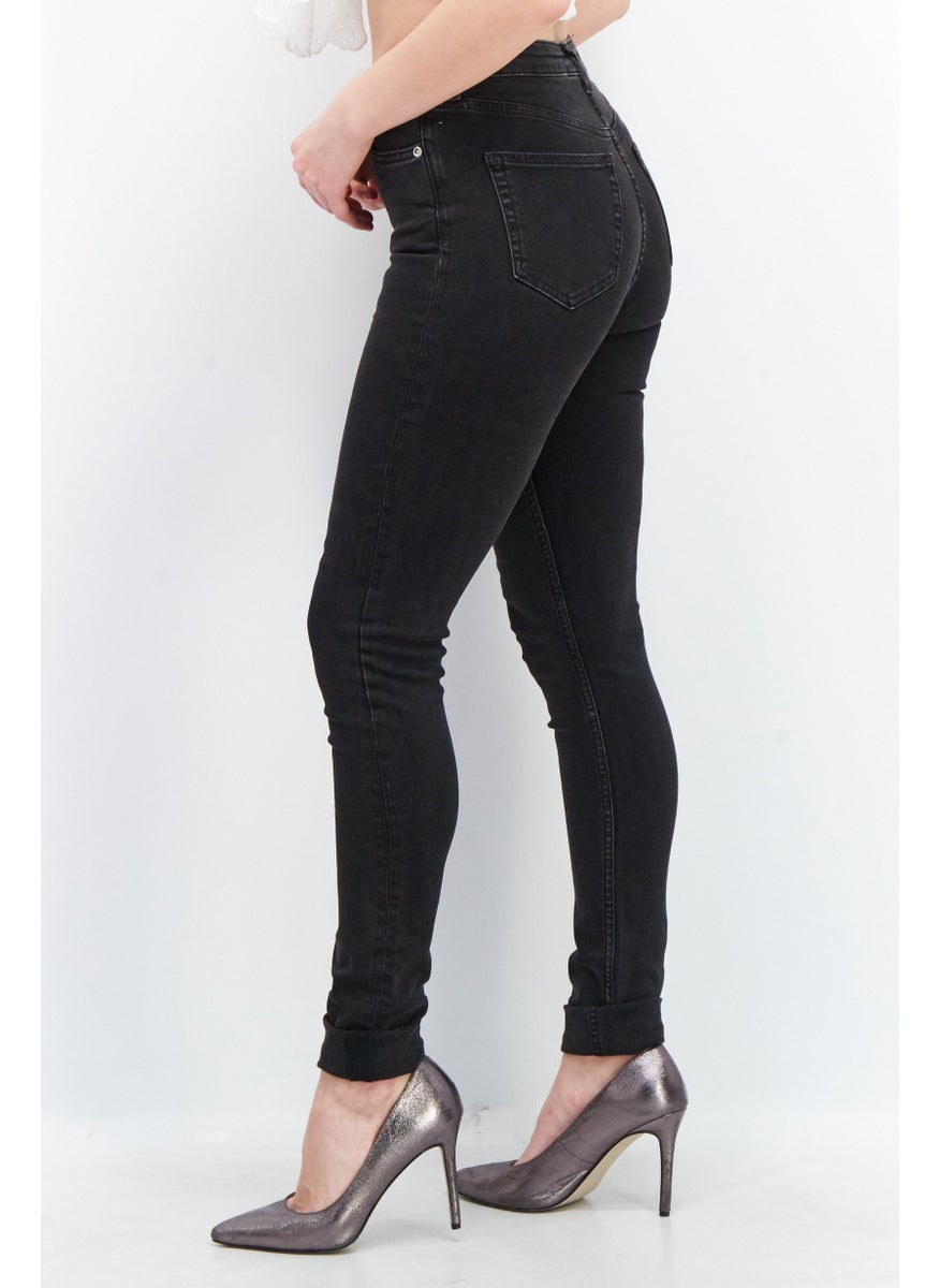 Women Slim Fit Washed Stretchable High Rise Denim Jeans, Black