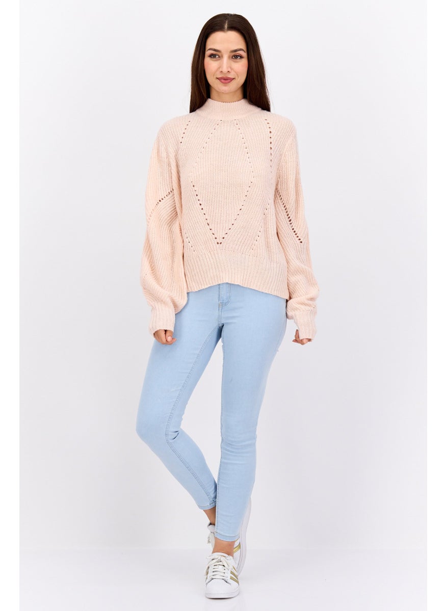 Women Mock Neck Knitted Sweater, Pink