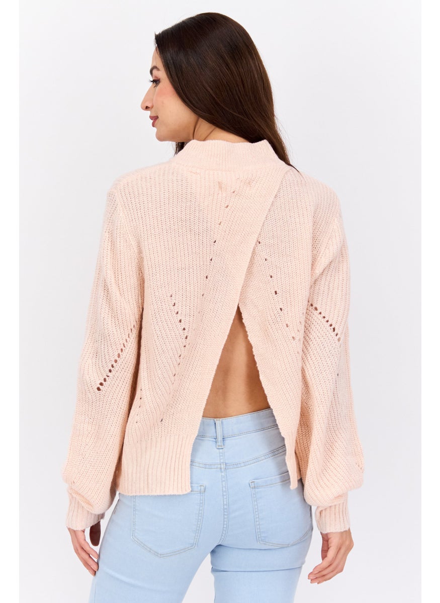 Women Mock Neck Knitted Sweater, Pink
