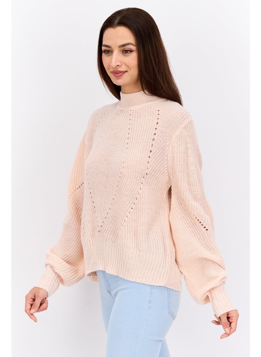 Women Mock Neck Knitted Sweater, Pink