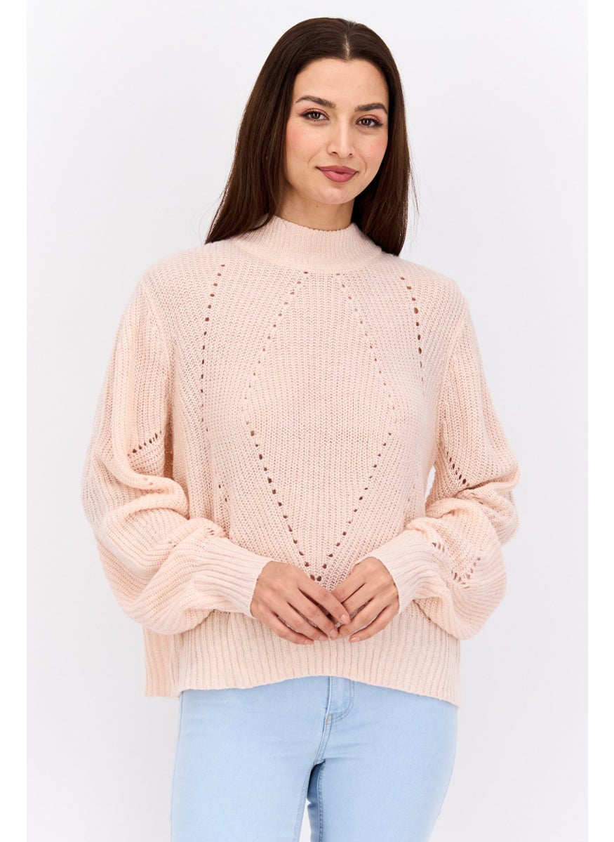 Women Mock Neck Knitted Sweater, Pink