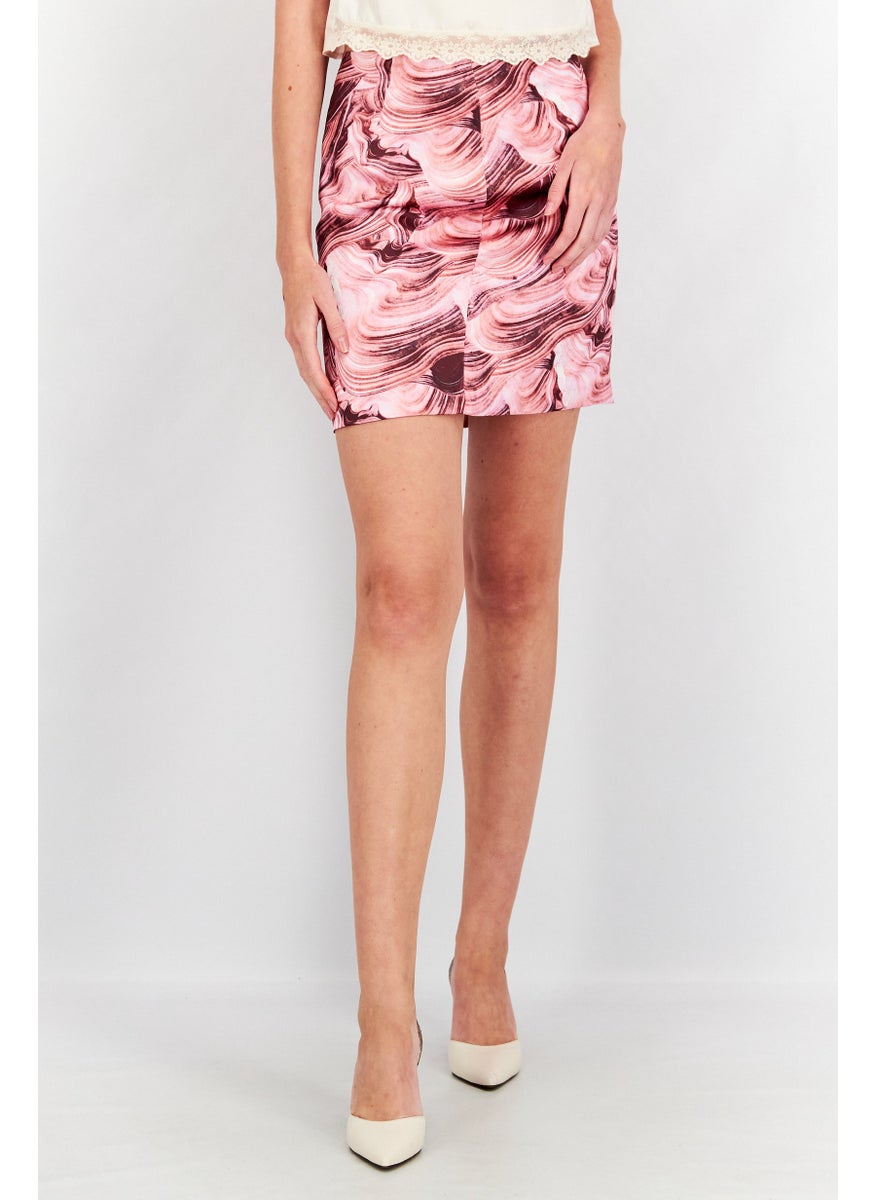 Women Abstract Print Mini Skirt, Pink Combo