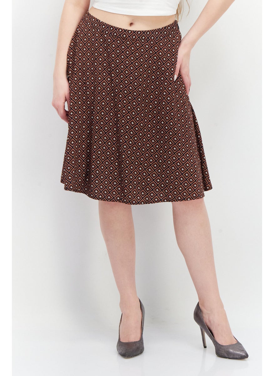 Women Allover Print Midi Skirt, Brown Combo