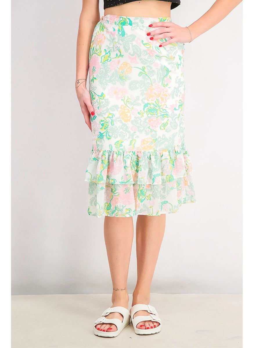 Women Regular Fit Pull,On Floral Print Skirt, White and Green
