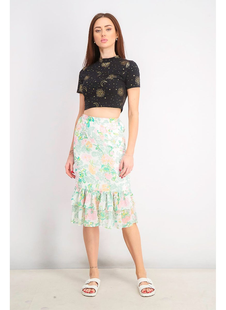 Women Regular Fit Pull,On Floral Print Skirt, White and Green