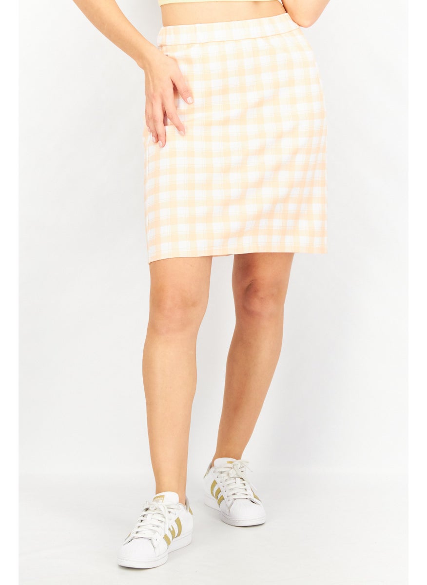 Women Amelia Plaid Pull-On Mini Skirt, Peach