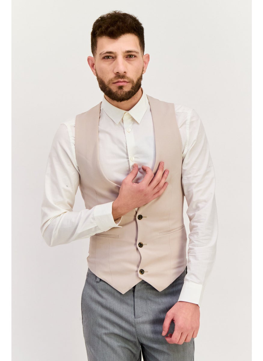 Men Skinny Fit Solid Waistcoat, Stone