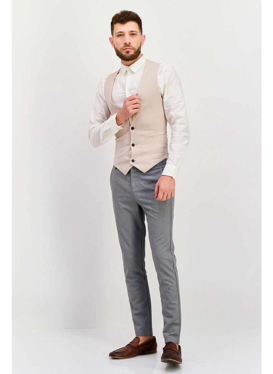 Men Skinny Fit Solid Waistcoat, Stone