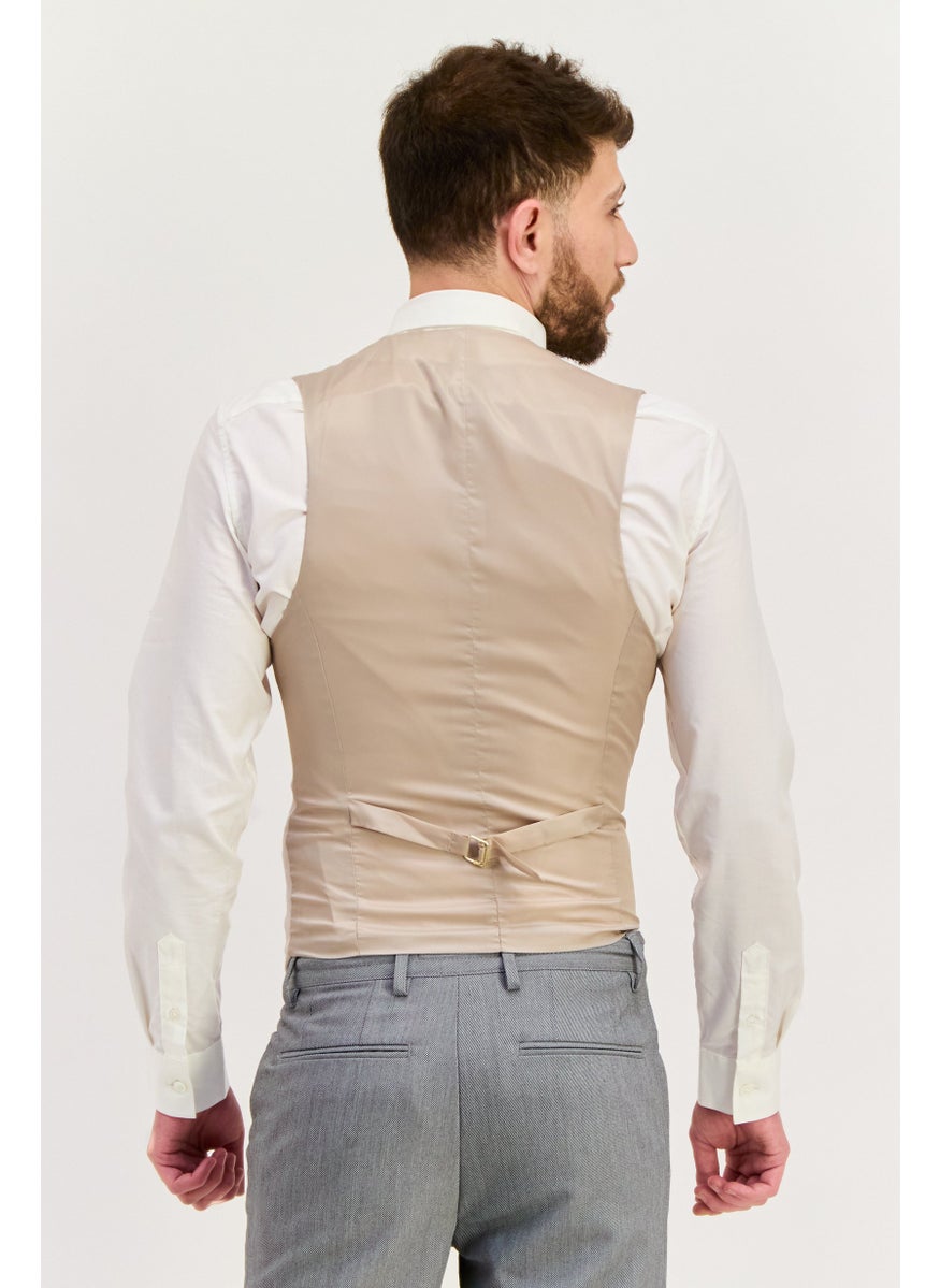 Men Skinny Fit Solid Waistcoat, Stone